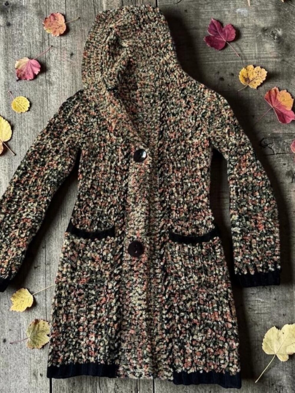 Papillon Women's Hooded Chunky Knit Sweater‎ Size Small Pink Green Black Multi